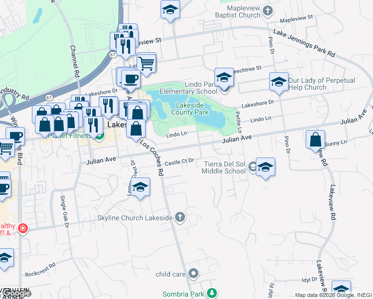 map of restaurants, bars, coffee shops, grocery stores, and more near 12721 Julian Avenue in Lakeside