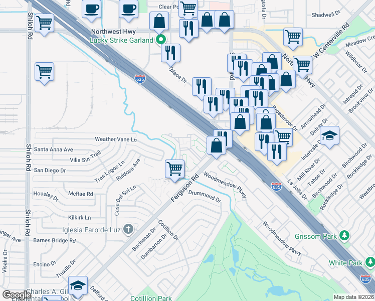 map of restaurants, bars, coffee shops, grocery stores, and more near 11611 Ferguson Road in Dallas