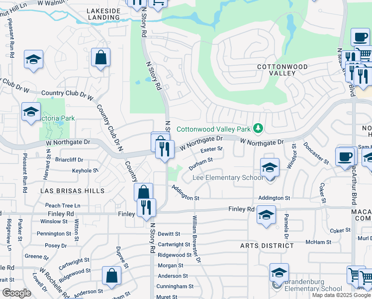 map of restaurants, bars, coffee shops, grocery stores, and more near 2104 West Northgate Drive in Irving