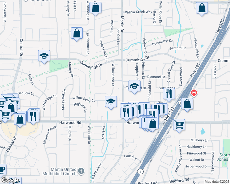 map of restaurants, bars, coffee shops, grocery stores, and more near 3128 Wayfarer Road in Bedford