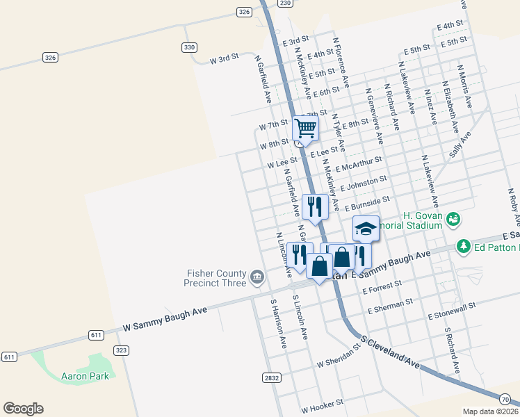 map of restaurants, bars, coffee shops, grocery stores, and more near in Rotan