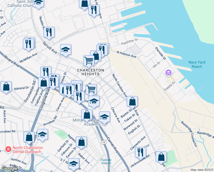 map of restaurants, bars, coffee shops, grocery stores, and more near 1826 Success Street in North Charleston