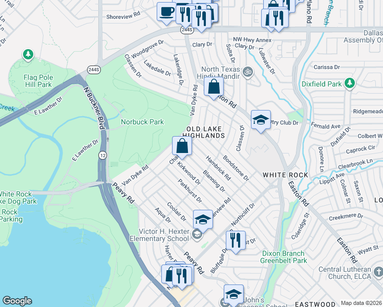 map of restaurants, bars, coffee shops, grocery stores, and more near 9905 Champa Drive in Dallas