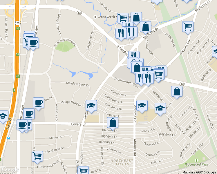 map of restaurants, bars, coffee shops, grocery stores, and more near 6236 Southwestern Boulevard in Dallas