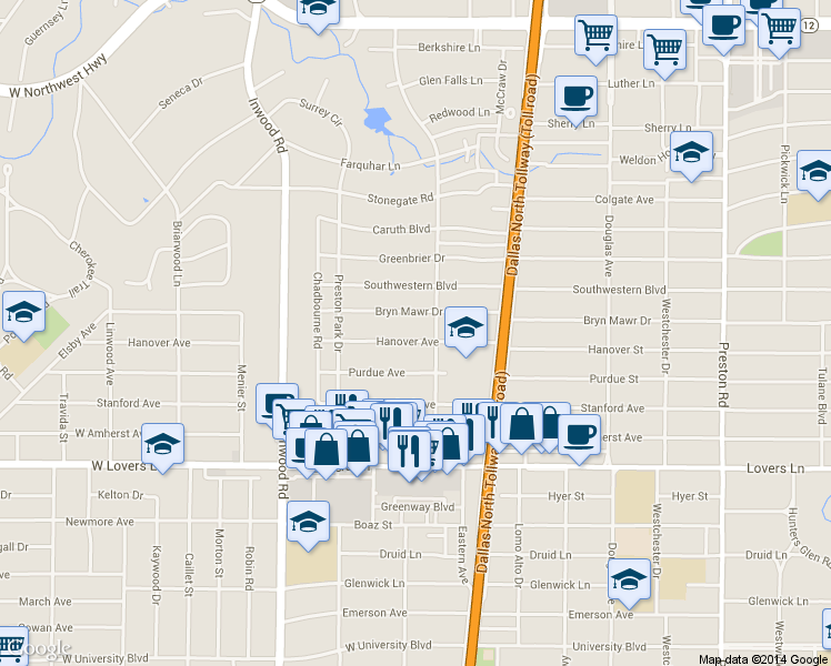 map of restaurants, bars, coffee shops, grocery stores, and more near 5640 Bryn Mawr Drive in Dallas