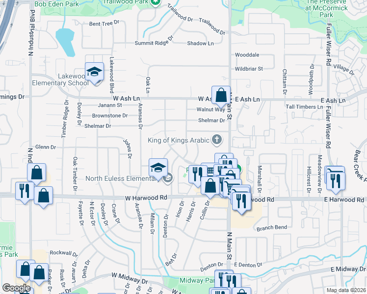 map of restaurants, bars, coffee shops, grocery stores, and more near 214 Roundtree Drive in Euless