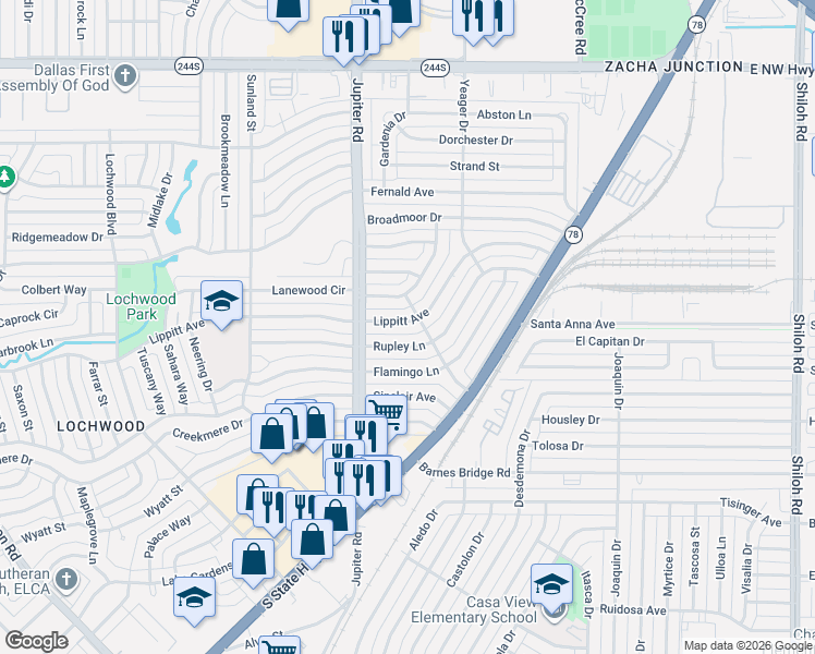 map of restaurants, bars, coffee shops, grocery stores, and more near 11446 Lippitt Avenue in Dallas