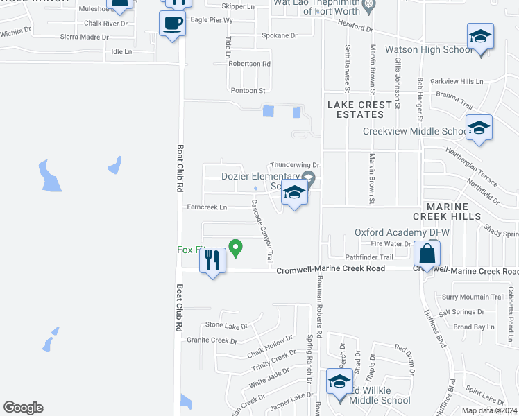 map of restaurants, bars, coffee shops, grocery stores, and more near 6688 Cascade Canyon Trail in Fort Worth