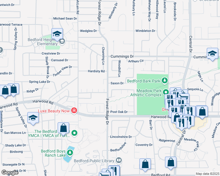 map of restaurants, bars, coffee shops, grocery stores, and more near 1604 Saxon Drive in Bedford