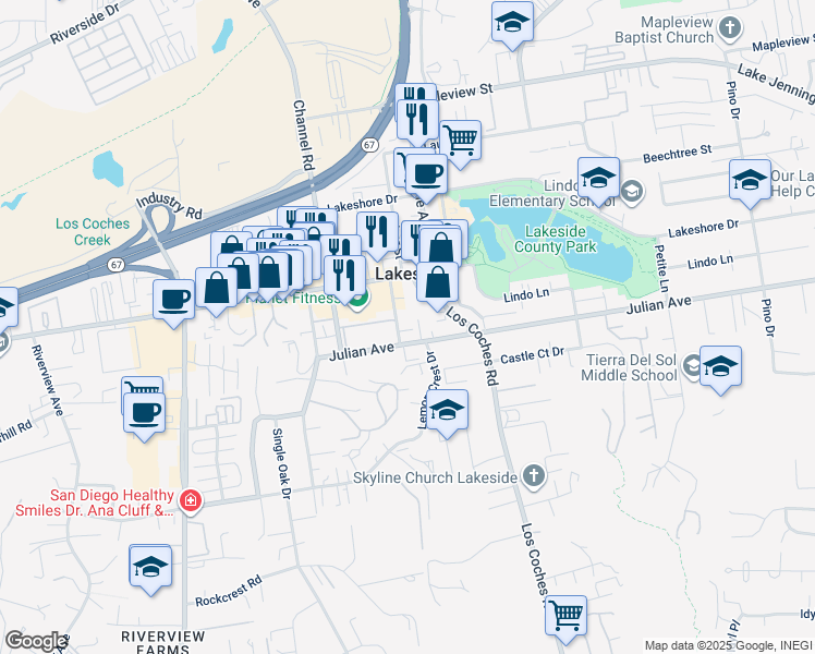 map of restaurants, bars, coffee shops, grocery stores, and more near 9735 Cactus Street in Lakeside