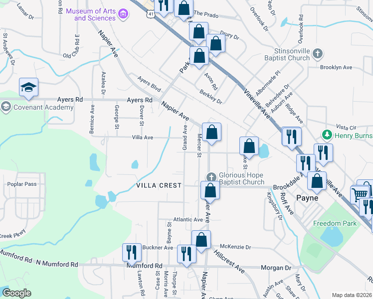 map of restaurants, bars, coffee shops, grocery stores, and more near 3931 Grand Avenue in Macon
