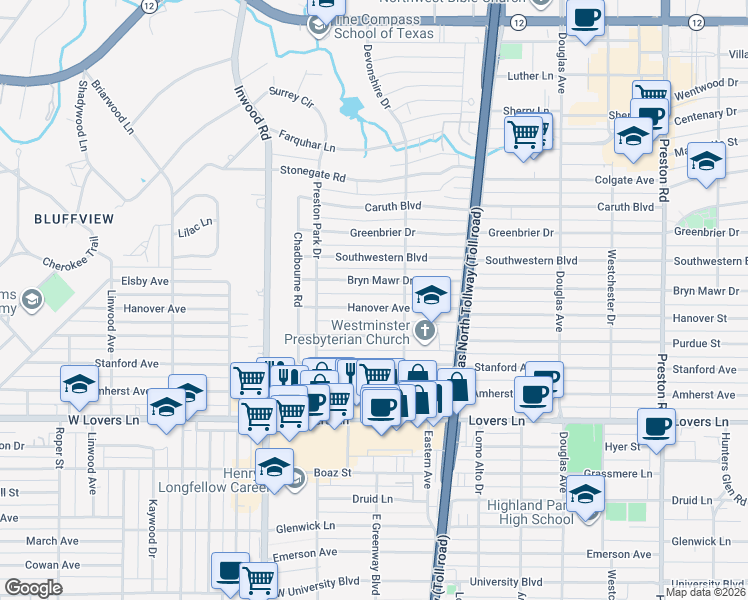 map of restaurants, bars, coffee shops, grocery stores, and more near 5640 Bryn Mawr Drive in Dallas