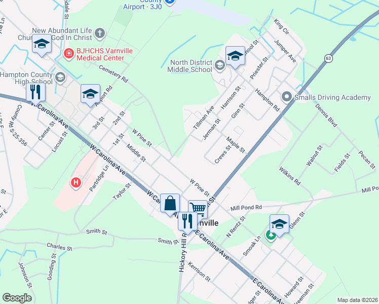 map of restaurants, bars, coffee shops, grocery stores, and more near 143 Tillman Avenue in Varnville