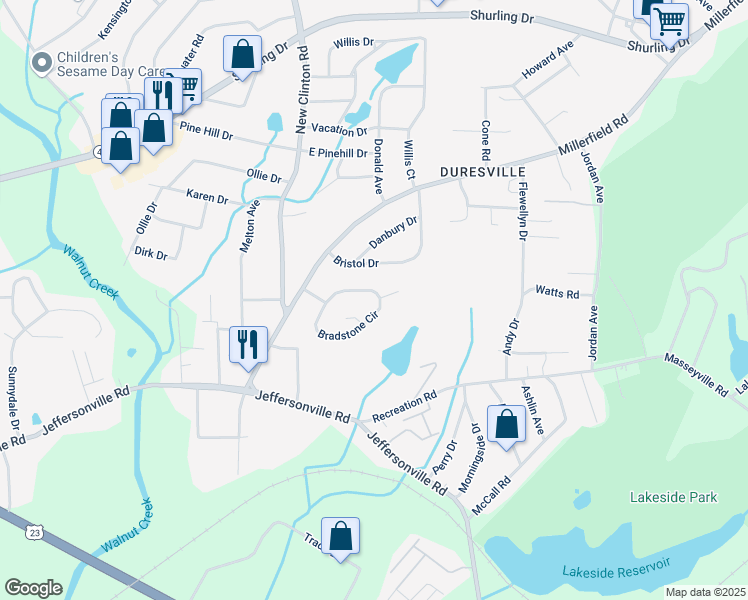 map of restaurants, bars, coffee shops, grocery stores, and more near 206 Bradstone Circle in Macon
