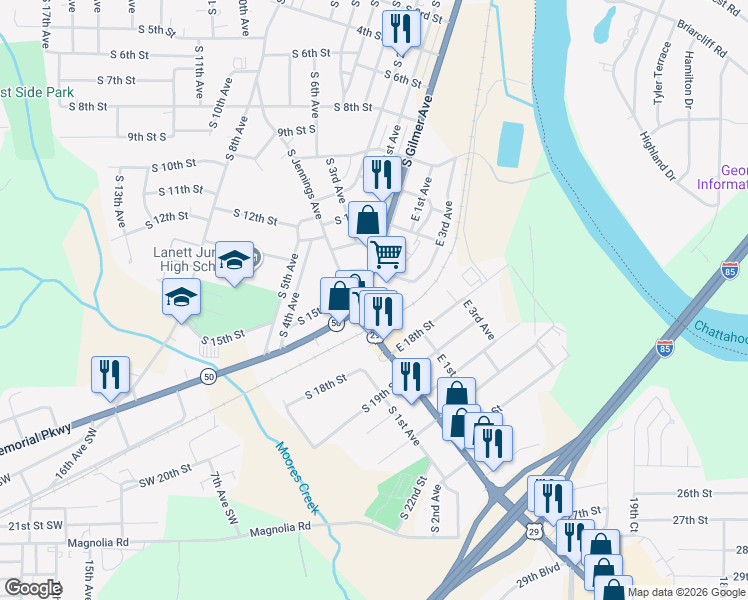 map of restaurants, bars, coffee shops, grocery stores, and more near 1401 South Gilmer Avenue in Lanett
