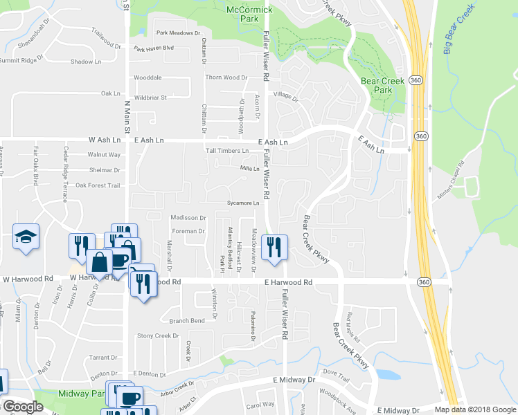 map of restaurants, bars, coffee shops, grocery stores, and more near 508 Sycamore Lane in Euless