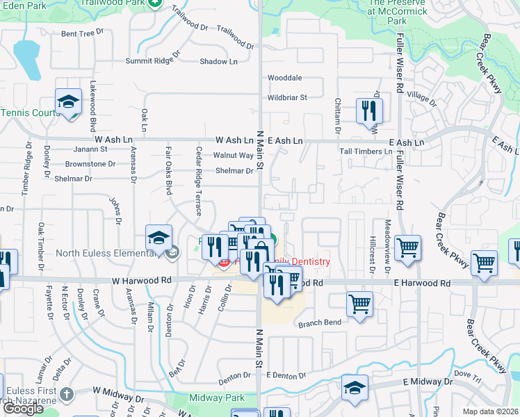 map of restaurants, bars, coffee shops, grocery stores, and more near 1395 North Main Street in Euless