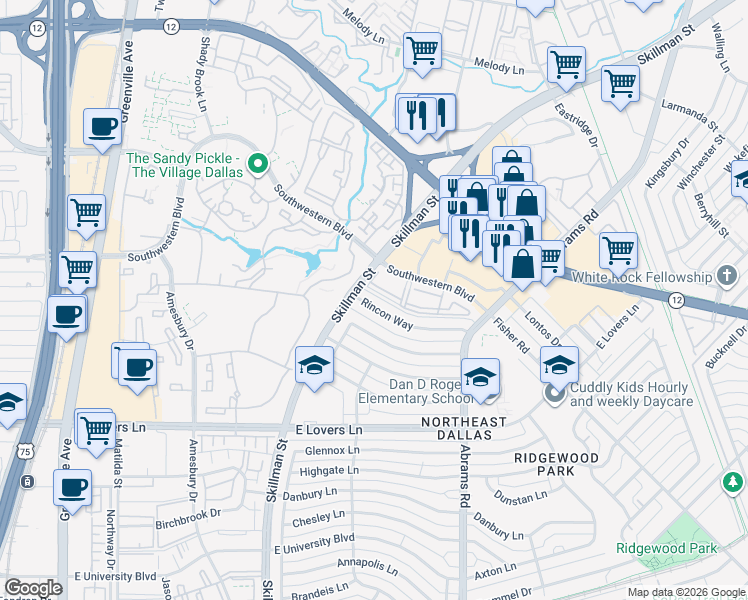 map of restaurants, bars, coffee shops, grocery stores, and more near 6236 Southwestern Boulevard in Dallas