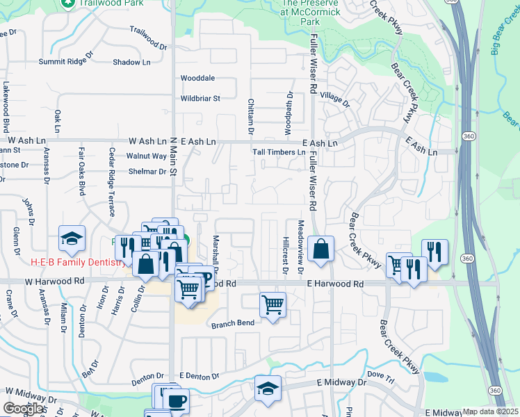 map of restaurants, bars, coffee shops, grocery stores, and more near 416 Sycamore Lane in Euless