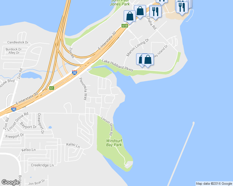 map of restaurants, bars, coffee shops, grocery stores, and more near 5961 Marina Dr in Garland