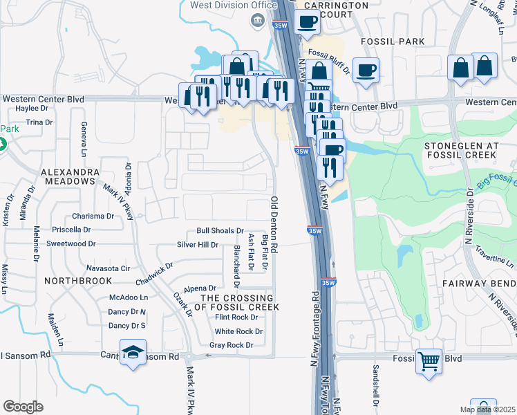 map of restaurants, bars, coffee shops, grocery stores, and more near 6101 Old Denton Road in Fort Worth