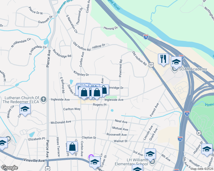 map of restaurants, bars, coffee shops, grocery stores, and more near 2252 Kingsley Drive in Macon