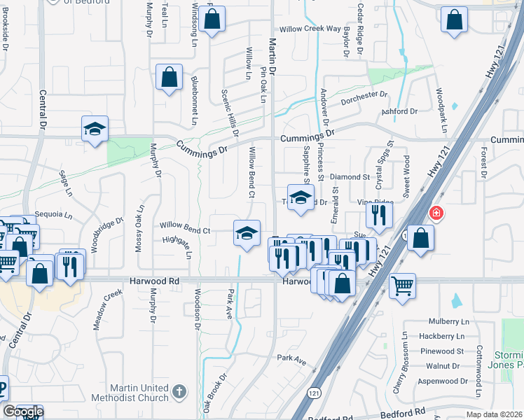 map of restaurants, bars, coffee shops, grocery stores, and more near 3128 Wayfarer Road in Bedford