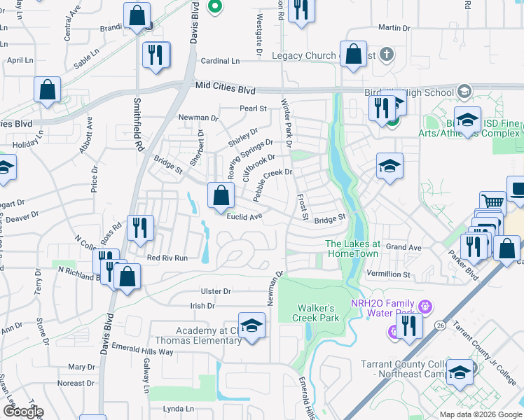 map of restaurants, bars, coffee shops, grocery stores, and more near 8313 Bridge Street in North Richland Hills