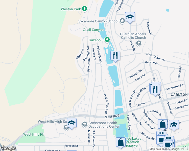map of restaurants, bars, coffee shops, grocery stores, and more near 9914 Medina Drive in Santee