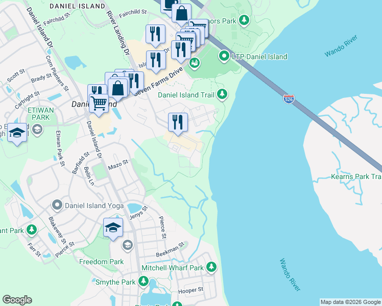 map of restaurants, bars, coffee shops, grocery stores, and more near 101 River Landing Drive in Charleston