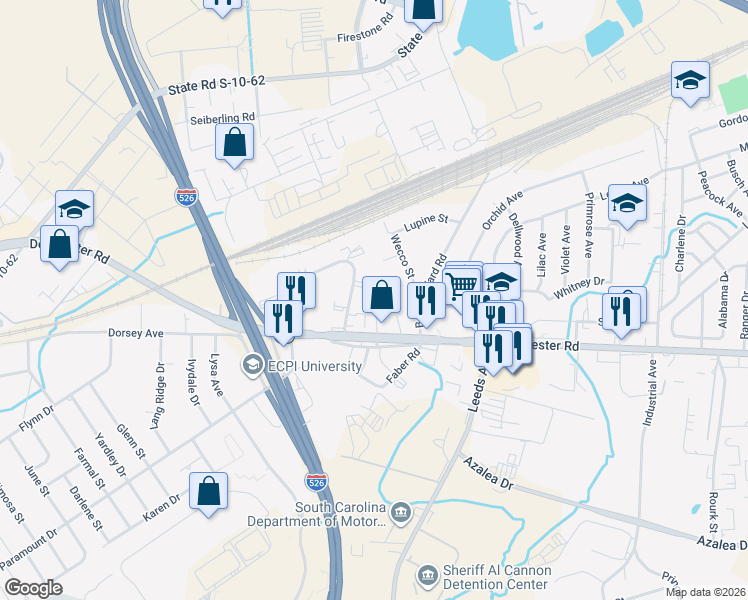 map of restaurants, bars, coffee shops, grocery stores, and more near 2524 Oscar Johnson Drive in North Charleston