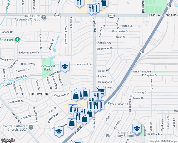 map of restaurants, bars, coffee shops, grocery stores, and more near 11367 Lippitt Avenue in Dallas