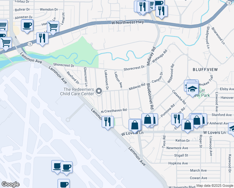 map of restaurants, bars, coffee shops, grocery stores, and more near 8527 Ridgelea Street in Dallas