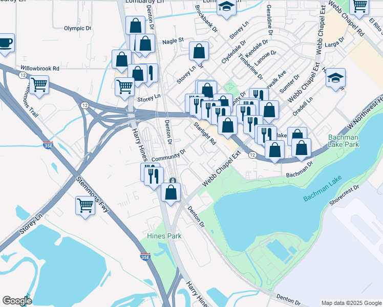 map of restaurants, bars, coffee shops, grocery stores, and more near 2530 Community Drive in Dallas