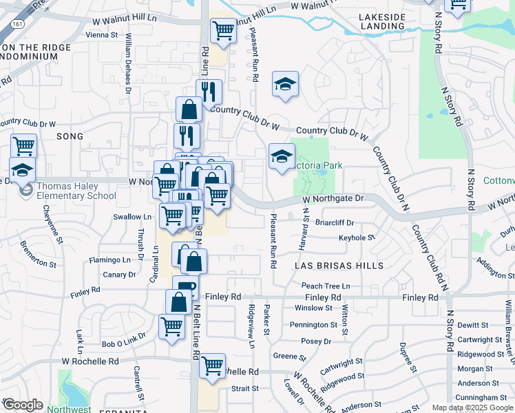 map of restaurants, bars, coffee shops, grocery stores, and more near 3103 West Northgate Drive in Irving