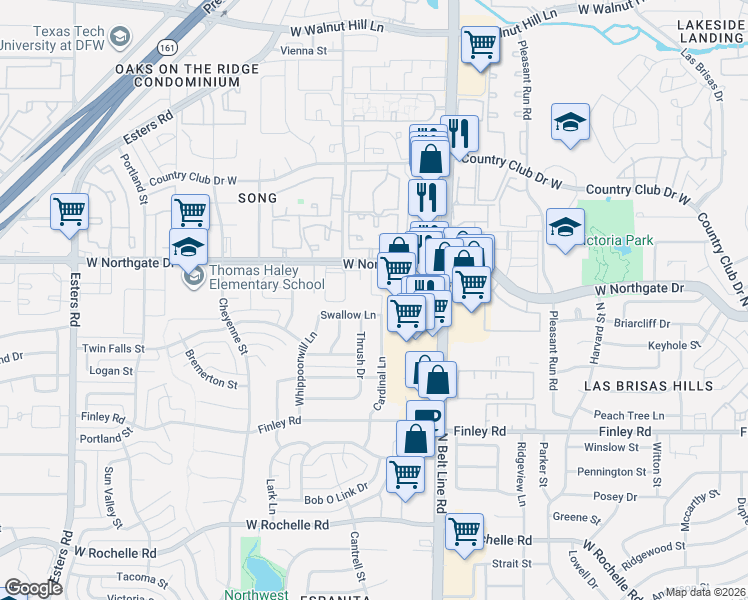 map of restaurants, bars, coffee shops, grocery stores, and more near 3631 North Belt Line Road in Irving