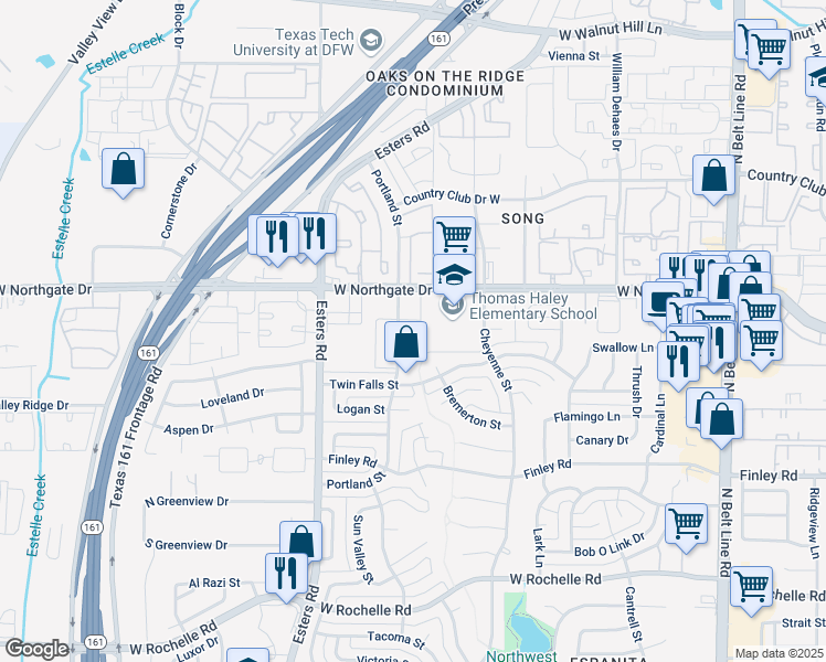 map of restaurants, bars, coffee shops, grocery stores, and more near 3529 Portland Street in Irving