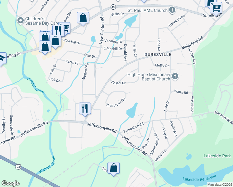 map of restaurants, bars, coffee shops, grocery stores, and more near 230 Bradstone Circle in Macon
