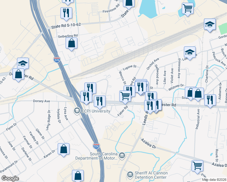 map of restaurants, bars, coffee shops, grocery stores, and more near 2524 Oscar Johnson Drive in North Charleston