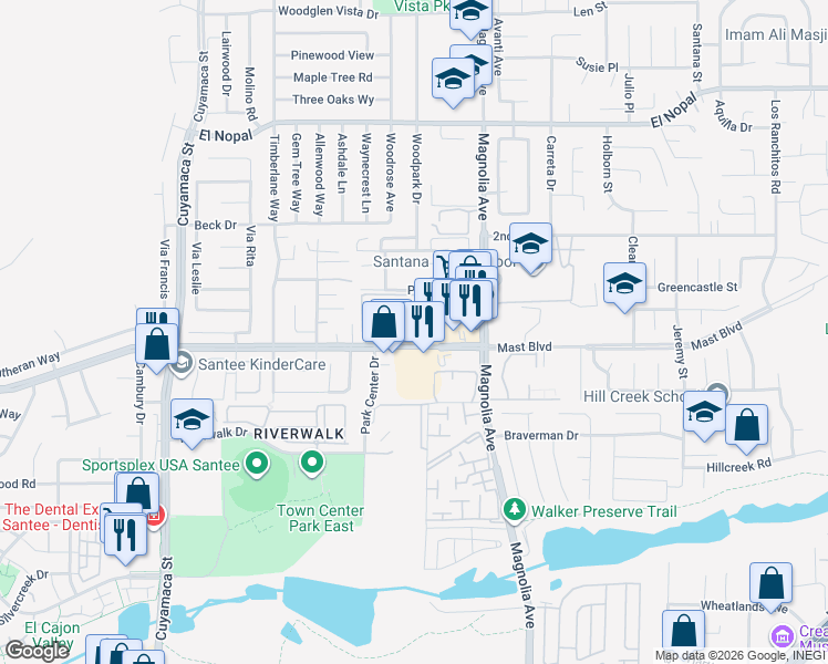 map of restaurants, bars, coffee shops, grocery stores, and more near 10258 Norma Gardens Drive in Santee