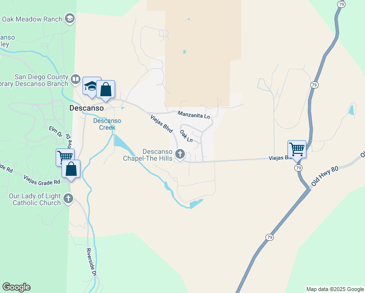 map of restaurants, bars, coffee shops, grocery stores, and more near 25173 Oak Lane in Descanso