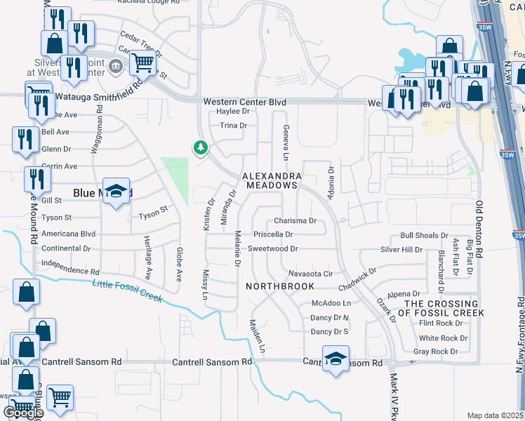 map of restaurants, bars, coffee shops, grocery stores, and more near 6215 Farrah Drive in Fort Worth