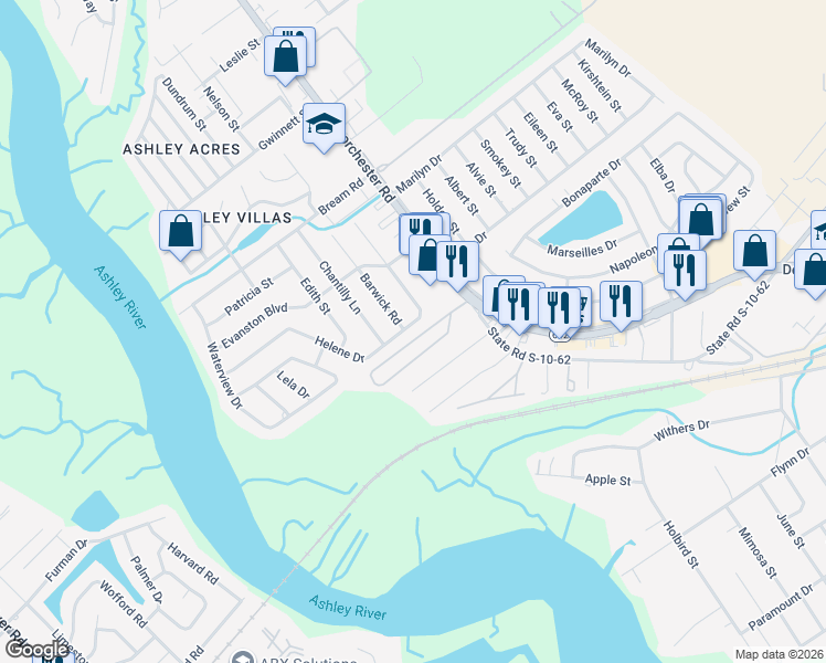 map of restaurants, bars, coffee shops, grocery stores, and more near 4313 Helene Drive in North Charleston