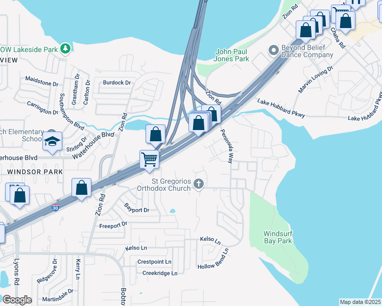map of restaurants, bars, coffee shops, grocery stores, and more near 1018 East Interstate 30 in Garland