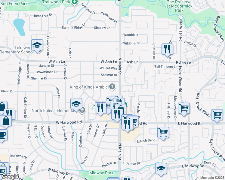 map of restaurants, bars, coffee shops, grocery stores, and more near 1351 North Main Street in Euless