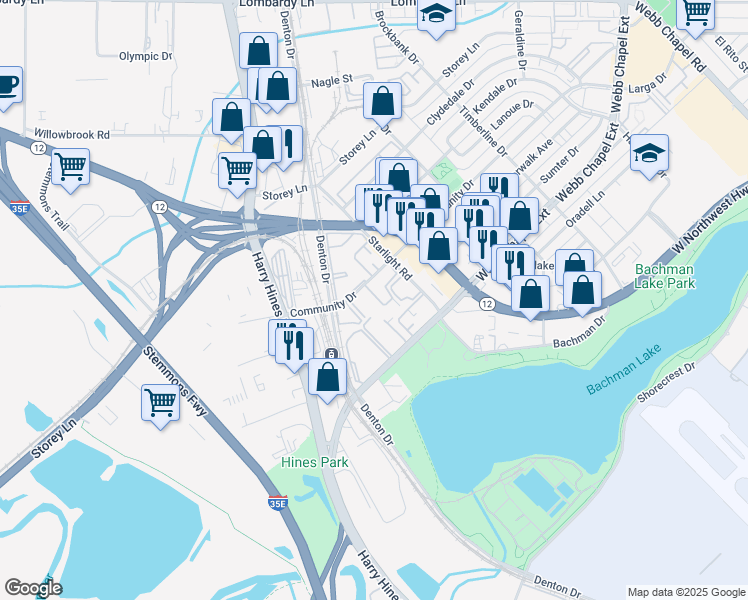 map of restaurants, bars, coffee shops, grocery stores, and more near 2530 Community Drive in Dallas