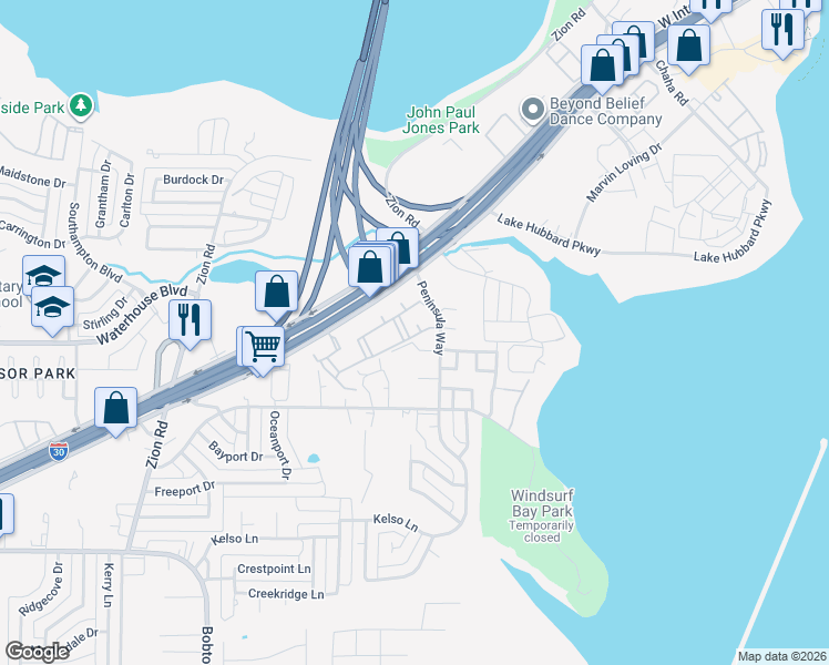 map of restaurants, bars, coffee shops, grocery stores, and more near 5013 Peninsula Way in Garland