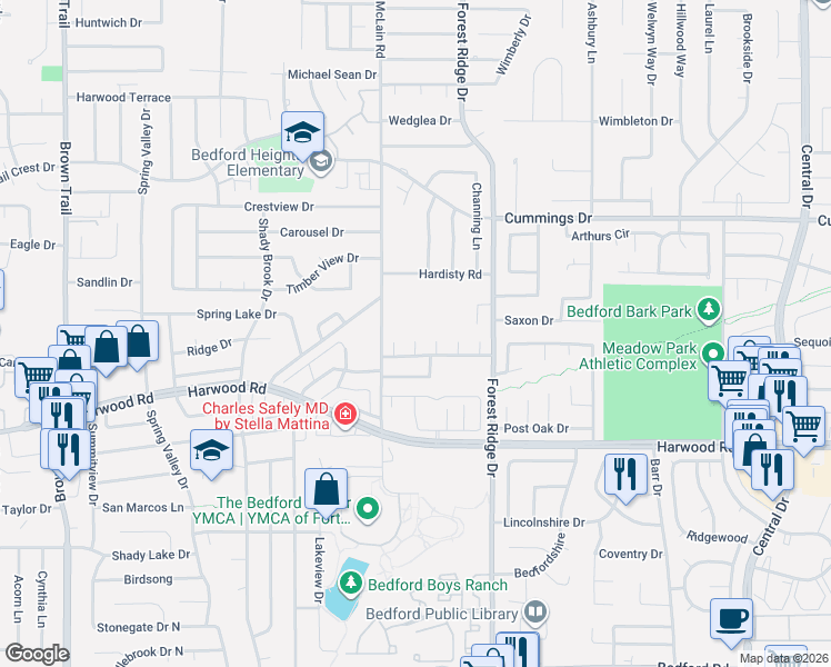 map of restaurants, bars, coffee shops, grocery stores, and more near 3108 Brighton Court in Bedford