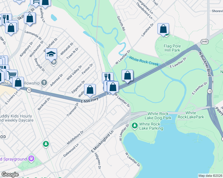map of restaurants, bars, coffee shops, grocery stores, and more near 7545 Northwest Highway in Dallas