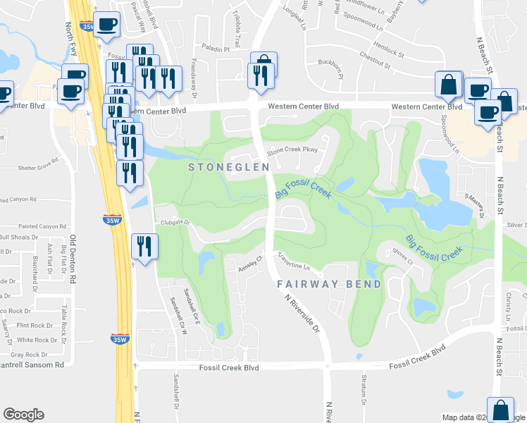 map of restaurants, bars, coffee shops, grocery stores, and more near 3701 Redwood Creek Lane in Fort Worth